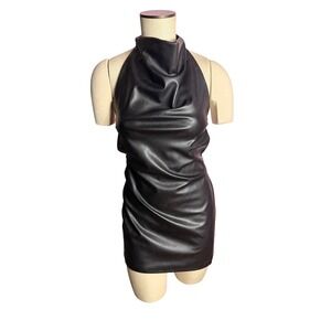 ribbed halter mini dress Tan Ribbed Wrap Mini Camari Halter Dress XL main image 1